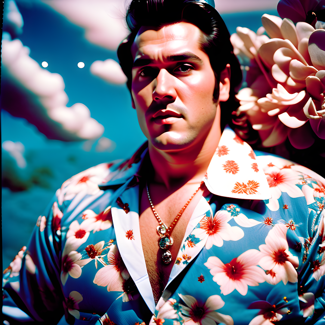 Elvis Presley wearing  a Hawaiian shirt in outer space!  --fp1k 