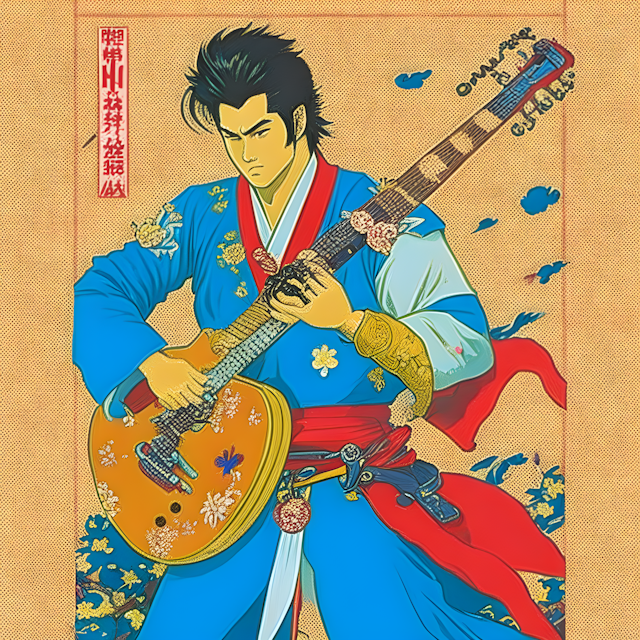 Elvis Presley as a samurai With a guitar and a sword