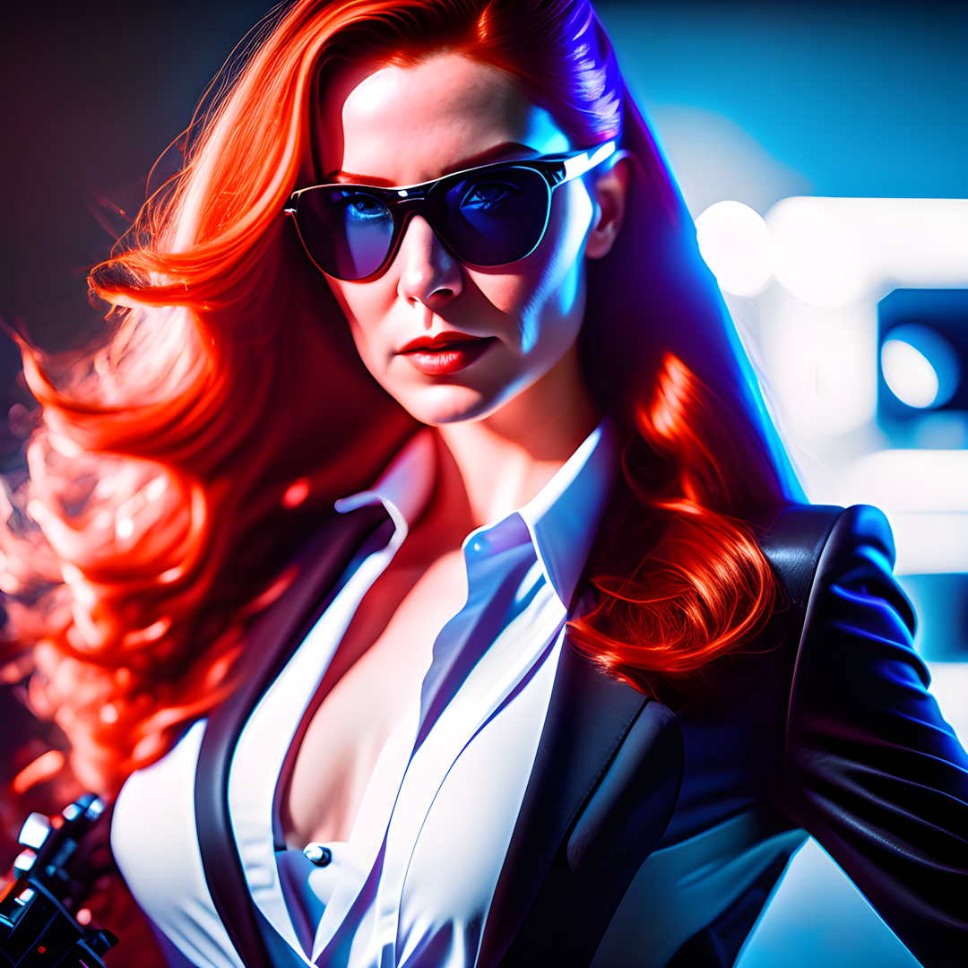 A young woman with an evil smile, long auburn hair; wearing a black suit!, a white dress shirt with no tie and black sunglasses pointing a gun.  --fp1k-beauty 